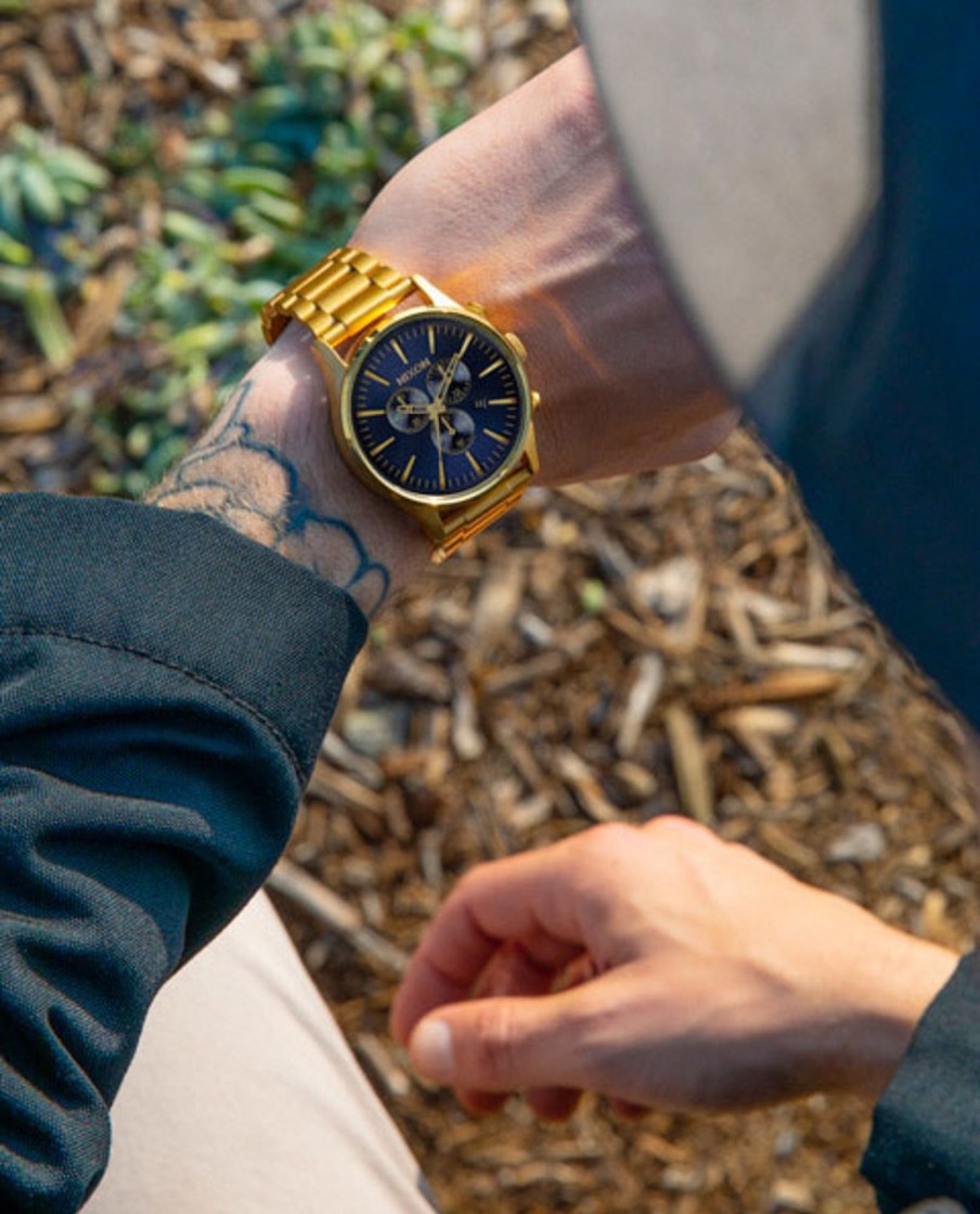 Men Nixon Watches | Sentry Chrono Gold Blue Sunray Watch