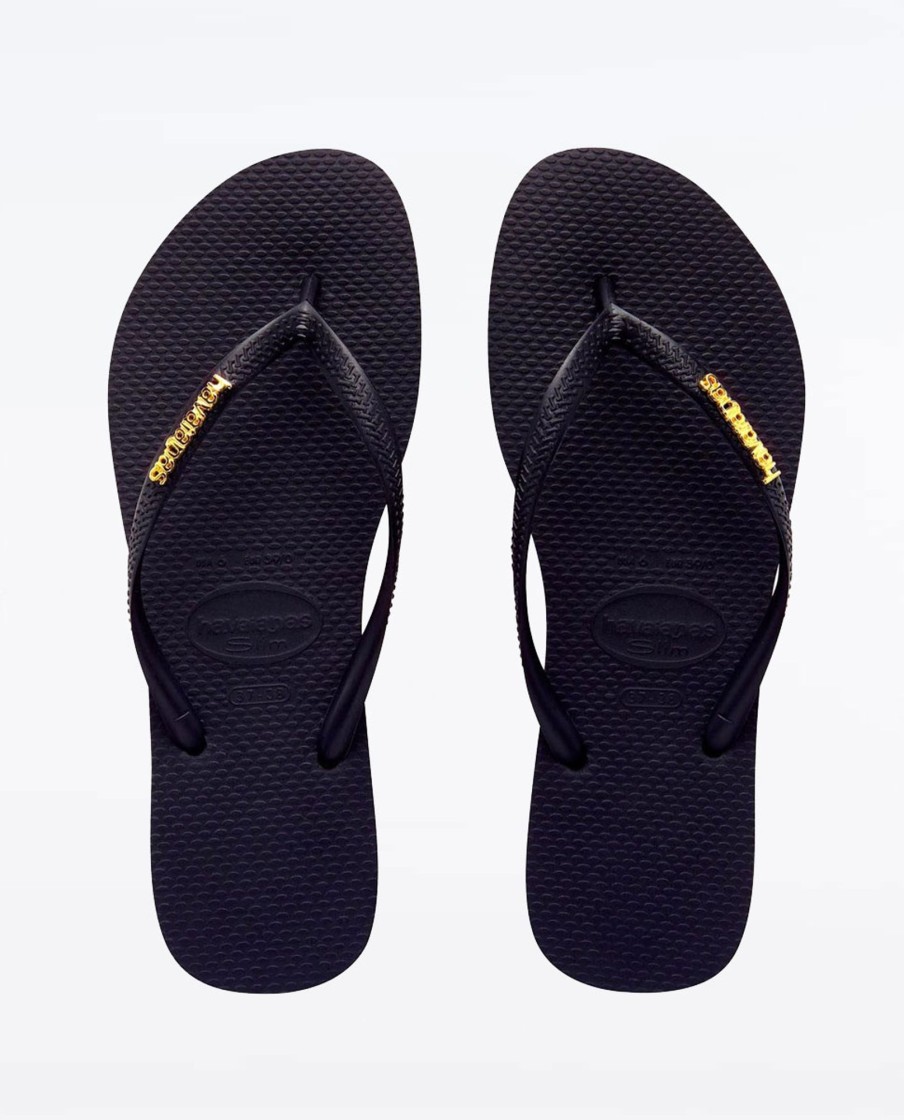 Women Havaianas Sandals & Thongs | Slim Metal Logo Black Gold Thongs