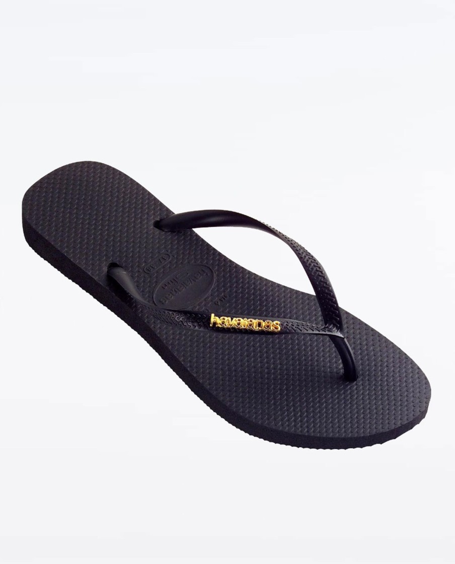 Women Havaianas Sandals & Thongs | Slim Metal Logo Black Gold Thongs