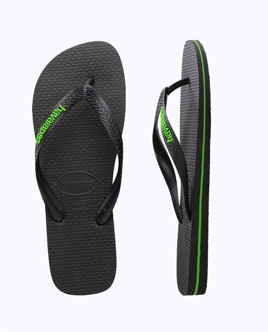 Men Havaianas Sandals & Thongs | Rubber Logo Black Neon Green Thongs