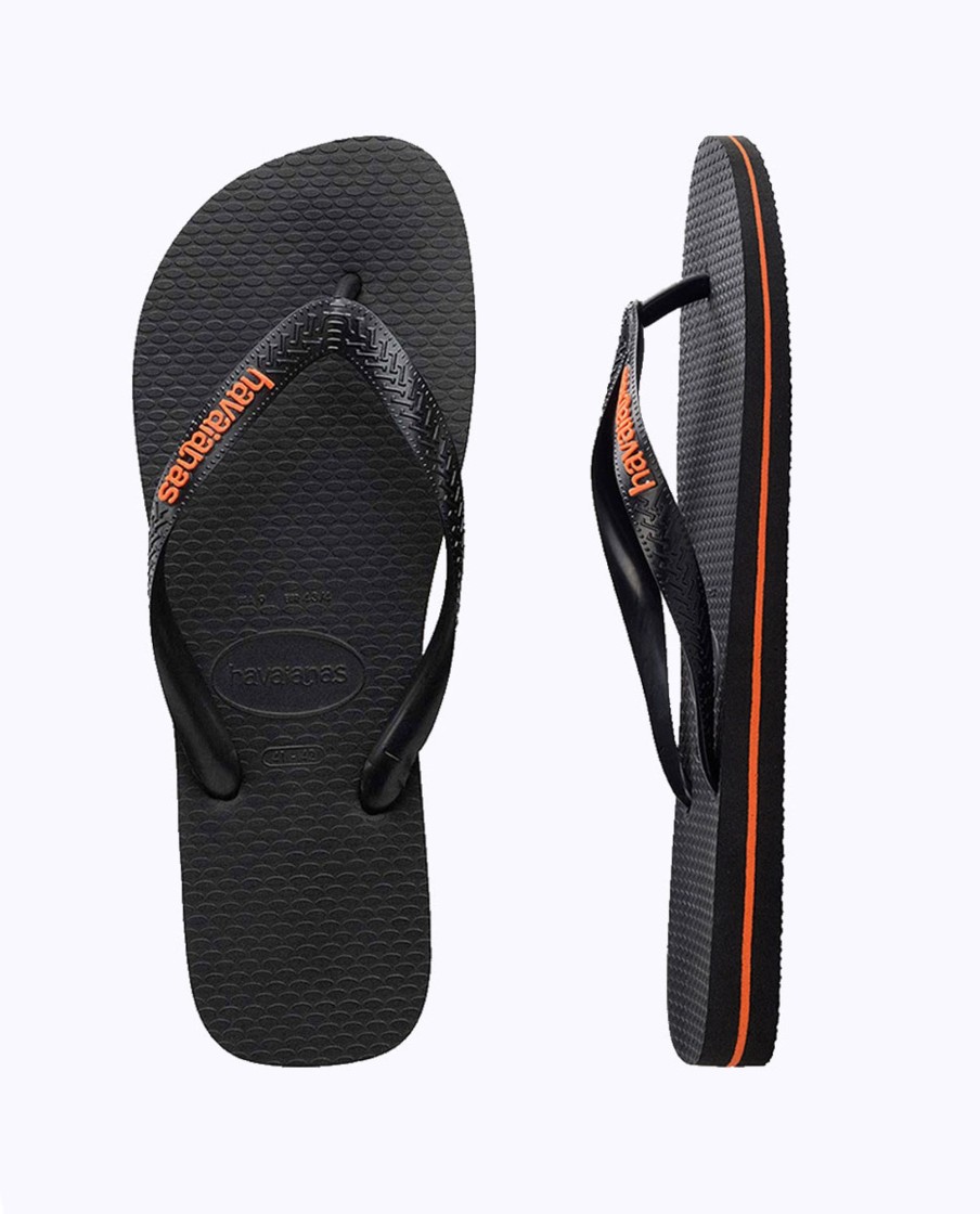 Men Havaianas Sandals & Thongs | Rubber Logo Black Orange Neon Thongs