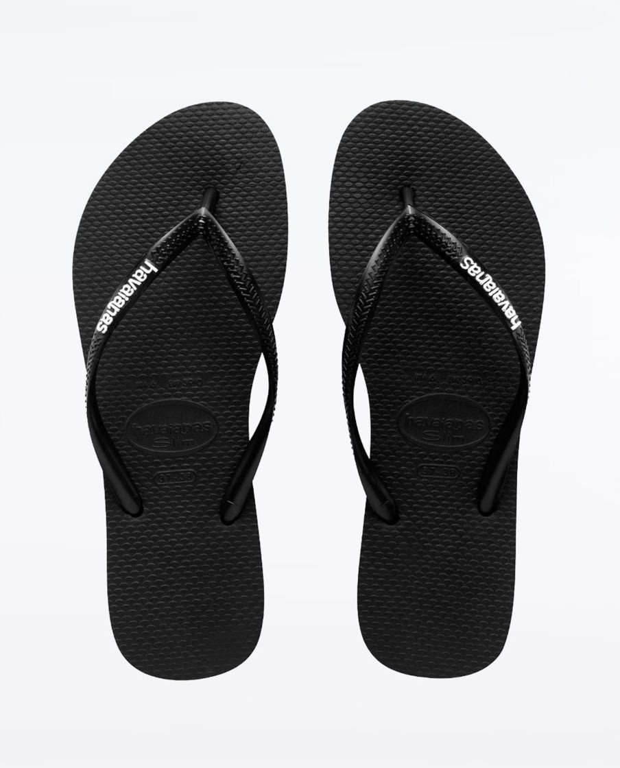 Women Havaianas Sandals & Thongs | Slim Rubber Logo Black White Thongs