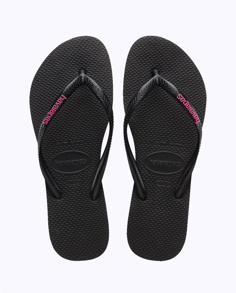 Women Havaianas Sandals & Thongs | Slim Rubber Logo Black Neon Pink Thongs