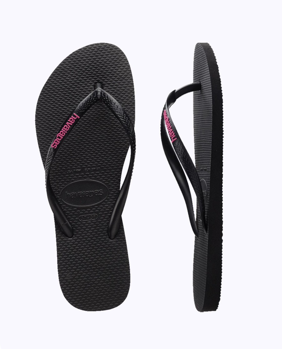 Women Havaianas Sandals & Thongs | Slim Rubber Logo Black Neon Pink Thongs